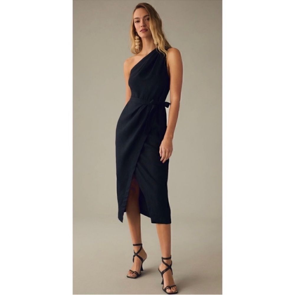 By Anthropologie Black One Shoulder Linen Wrap Dress